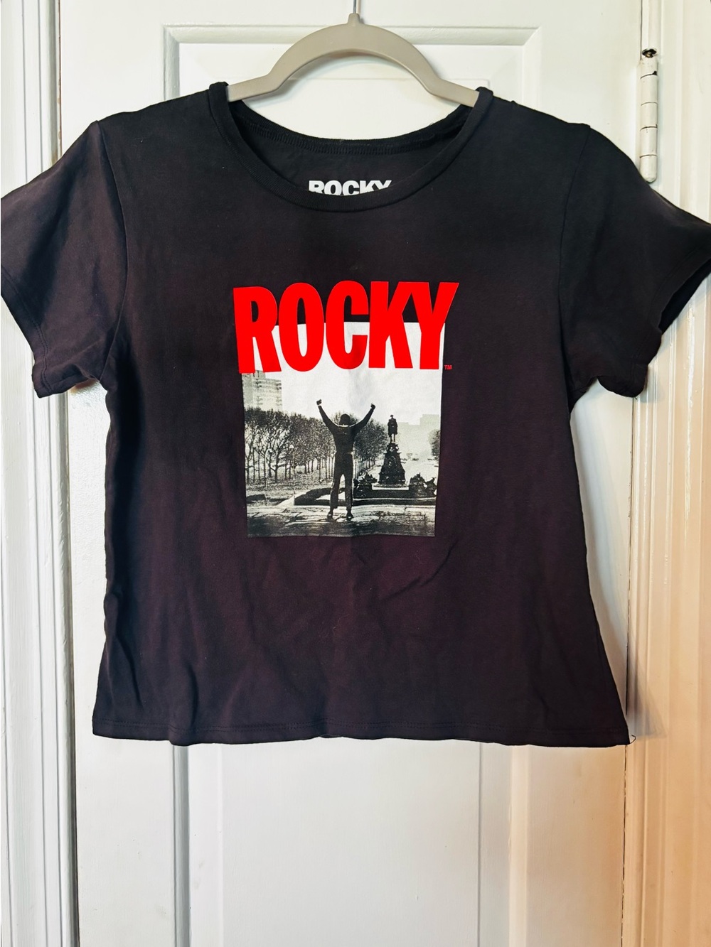 Retro Style Rocky Black Women’s Crop Top Graphic Tee with art museum steps M
